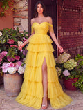 Gorgeous Fringed Detail Off Shoulder Layered Hem Tulle Prom Dress