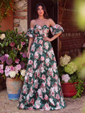 Floral Jacquard Off Shoulder Puff Sleeves Prom Dress