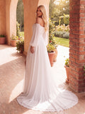 Off Shoulder Lantern Sleeves Chiffon Wedding Dress