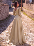 Sequin Evening Gown with Sheer Long Sleeves, Deep V-Neck & Back V-Cut | Elegant High Slit Formal Dress for Special Occasions