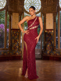Chic One Shoulder Cut Out Split Sequin Party Dress