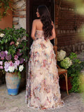 Ruched Bustier Ruffle Trim Hem Floral Printed Tube Dress