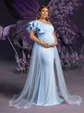 Plus Maternity  Evening Gown with Asymmetrical Ruffle Neckline & Tulle Train – Elegant Pregnancy Evening Dress for Photoshoots & Galas