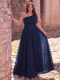 Plus One-Shoulder Evening Gown | Flowy A-Line Skirt, Open Back | Formal Maxi Dress for Galas, Weddings, Prom