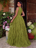 Gorgeous Applique Detail Cascading Ruffle Hem Tulle Prom Dress