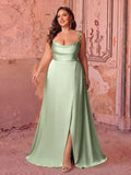 Plus Satin Spaghetti Straps Formal Evening Dress with High Slit