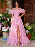Elegant Ruffle Trim Puff Sleeves Organza Dress