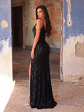 Asymmetrical Neck Split Thigh Sequin Party Dress