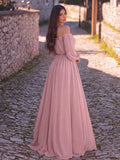 Off Shoulder Split Thigh Belted Chiffon A Line Dress