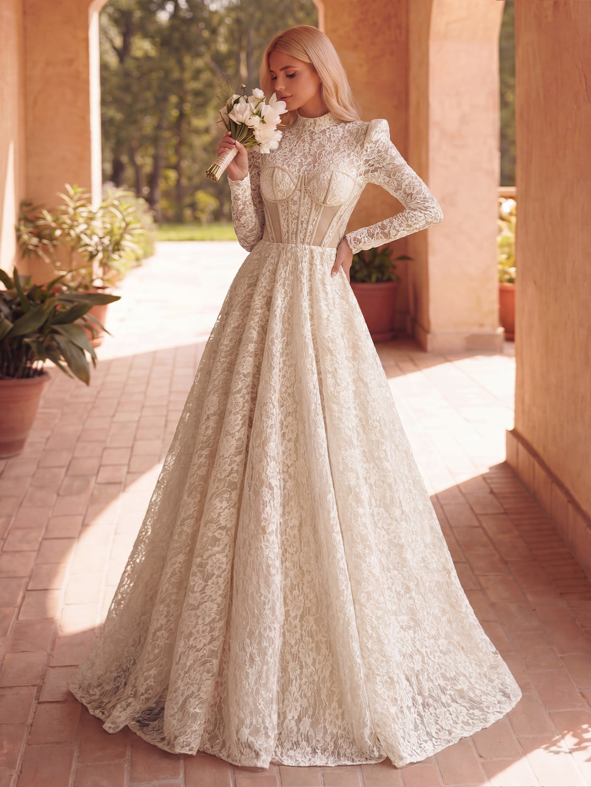 Gorgeous Mock Neck Long Sleeves Ball Hem Lace Wedding Dress