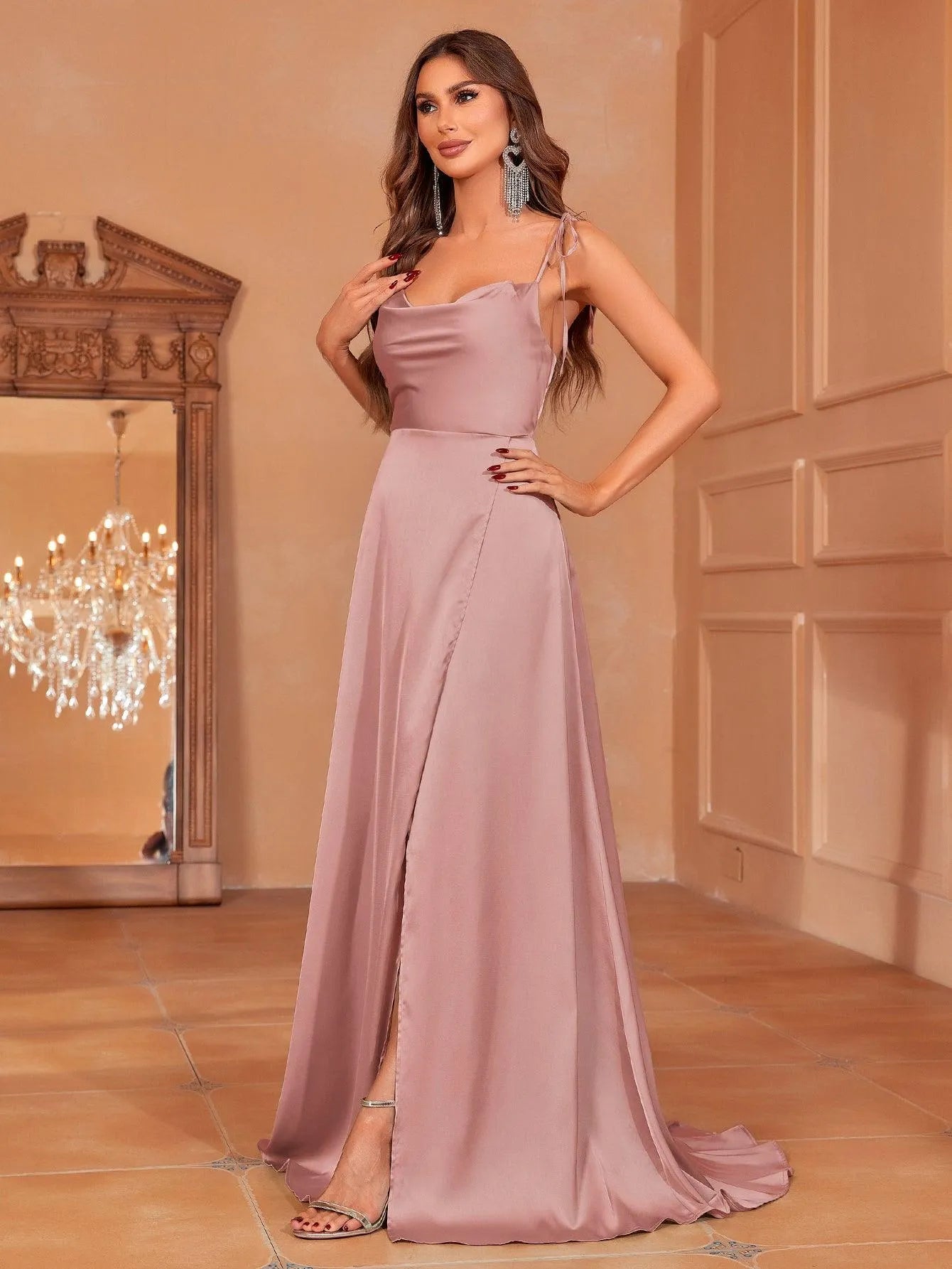 Elegant Tie Shoulder Satin Bridesmaid Dress - Elonnashop