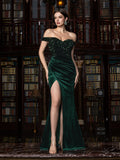 Elegant Off-Shoulder Mermaid Gown with Sequined Velvet, High Slit & Floor-Length Train