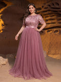 Plus-size Boat Neck Gown with Floral Sequin Embroidered Bodice & Tulle Skirt