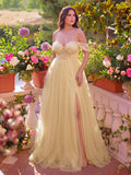 Plus Gorgeous Off Shoulder Beaded Sequin Bodice Split Thigh Tulle Formal Dress