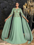 Elegant Chiffon Evening Gown with V-Neckline, Beaded Sequin Embroidered Bodice, Cape Sleeves and Flowy Floor-Length Skirt