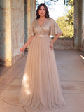 Plus Elegant Surplice Neck Butterfly Sleeves Sequin Evening Dress