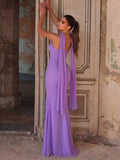 Strapless Chiffon Maxi Dress with Detached Neck Scarf & Draped Detail | Elegant Open Back Gown for Evening Party & Formal Occasions