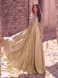 Elegant V-Neck Long Sleeve Evening Gown with Puffed Sleeve Detailing, Sequin Beaded Embellishments, Thin Waist Belt & Satin A-Line Skirt | Elegant Formal Dress for Special Occasions
