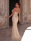 Elegant Feather Accent Strapless Mermaid Gown with Lace-Up Back