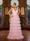 Plunging Neck Ruffle Layered Hem Cake Prom Dress