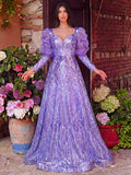 Luxury Plunging Neck Gigot Sleeves Graphic Sequin Prom Dress