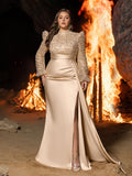 Plus Elegant Satin Evening Gown with High Slit & Crystal-Embellished Sleeves – Luxurious Backdrop for High-End Wedding Receptions or Charity Galas, 1XL-3XL