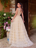 Gorgeous Plunging Neck Cascading Ruffle Hem Sequin Prom Dress