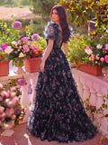 Elegant Ruffle Trim Puff Sleeves Floral Organza Prom Dress