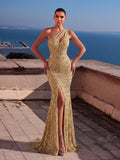 Elegant One Shoulder Split Thigh Sequin Mermaid Hem Evening Dress