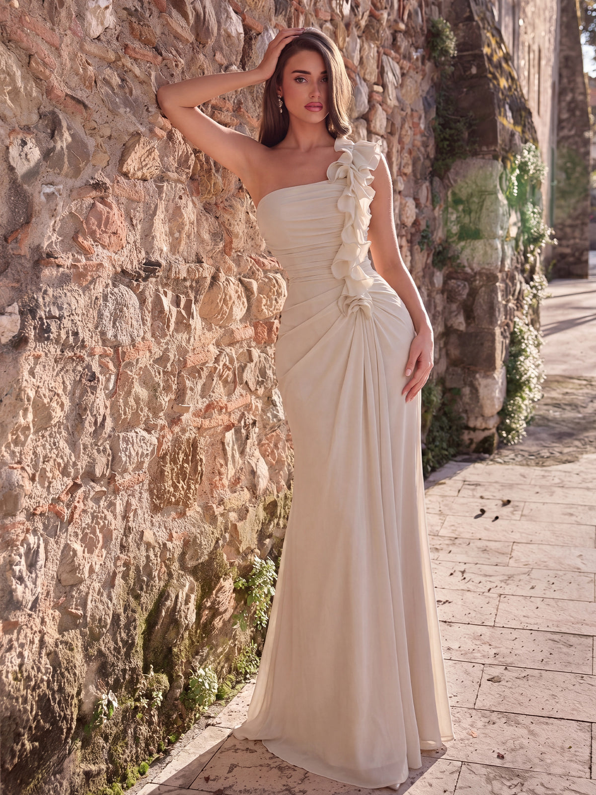 One-Shoulder Floor-Length Gown with 3D Floral Detail & Ruched Bodice | Elegant A-Line Evening Dress for Formal Party & Wedding Guest