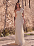 One-Shoulder Floor-Length Gown with 3D Floral Detail & Ruched Bodice | Elegant A-Line Evening Dress for Formal Party & Wedding Guest