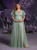 Plus Maternity  V Neck Layered Ruffle Sleeves Split Prom Dress