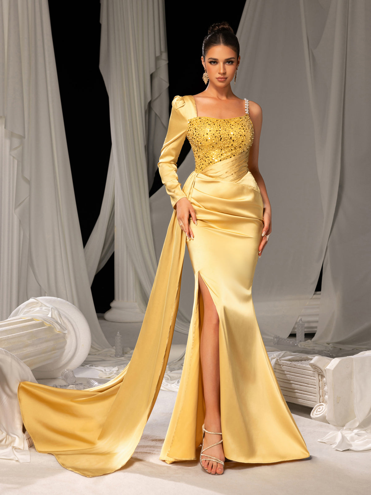 Elegant Satin Formal Dress with High Slit & Sequin Embellishments – Luxurious Evening Wear for Red Carpet, Gala Dinners & Luxury Weddings