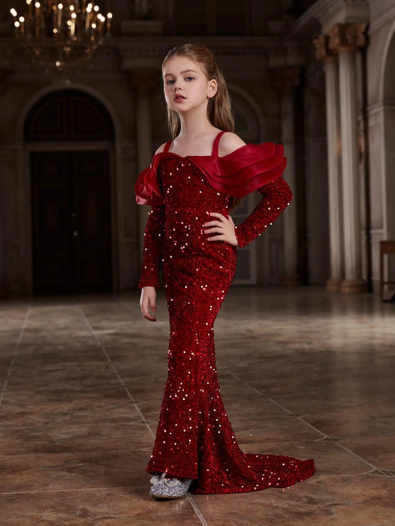 Tween Girls' Off Shoulder Ruffle Trim Sequin Mermaid Dress - Elonnashop