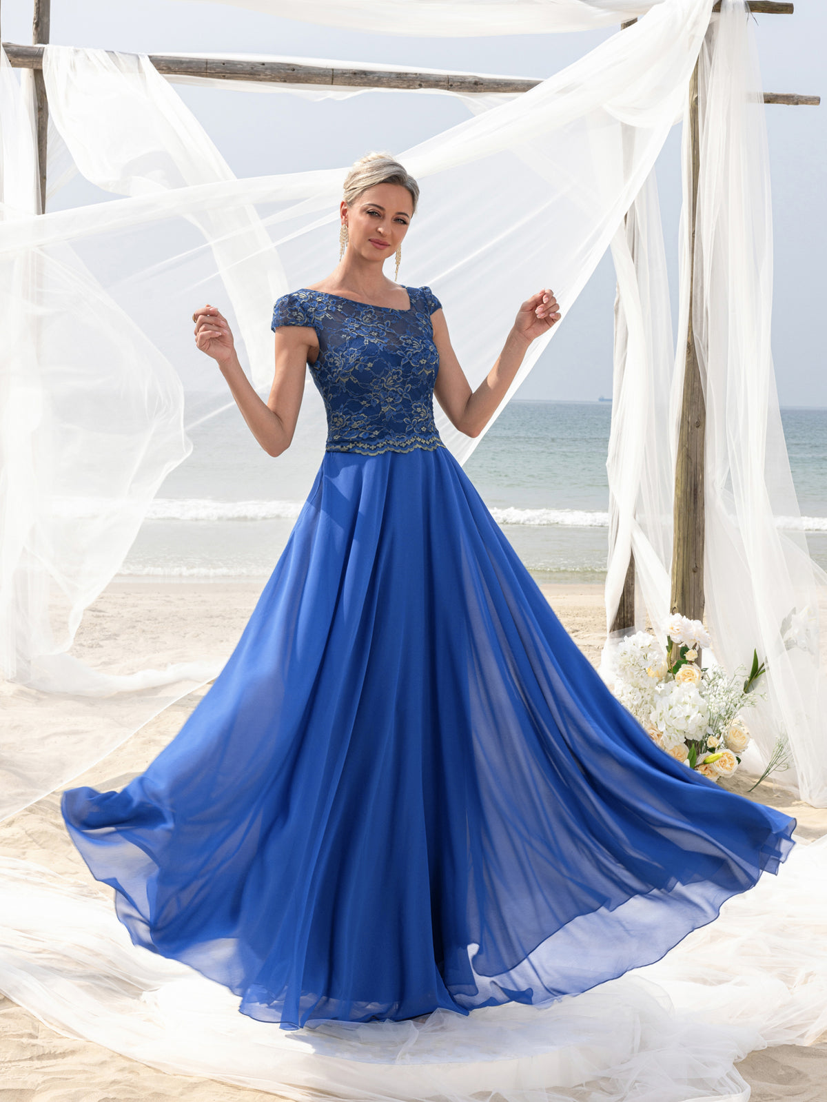 Womens' Elegant Evening Gown: Embroidered Lace Bodice & Flowing Chiffon Skirt – Diagonal Neckline & Cap Sleeves Formal Dress