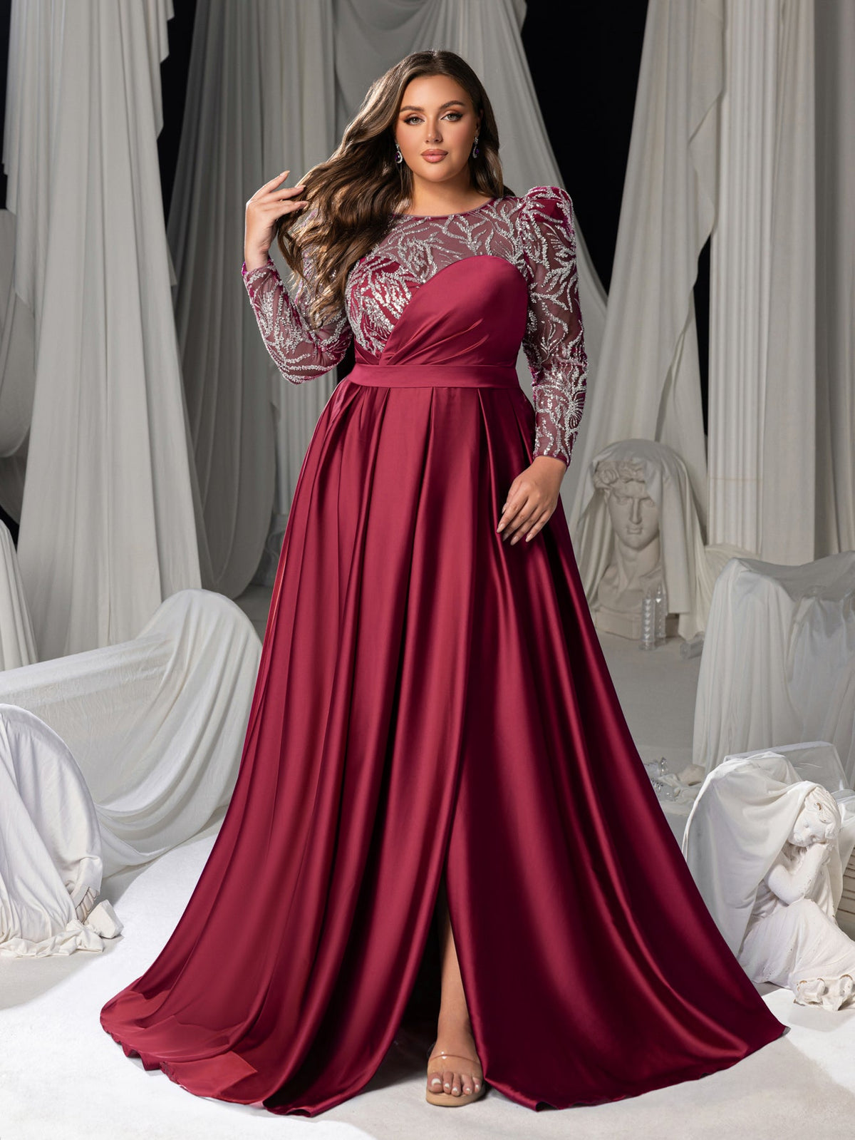 Plus Women's Sequin Bodice Formal Gown | Long Sleeves | Full Flared Skirt