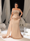 Plus Off-Shoulder Gown with High Slit & Beaded Bodice – Luxury Satin Evening Wear for Red Carpet, Formal Galas & Luxury Weddings, 1XL-5XL