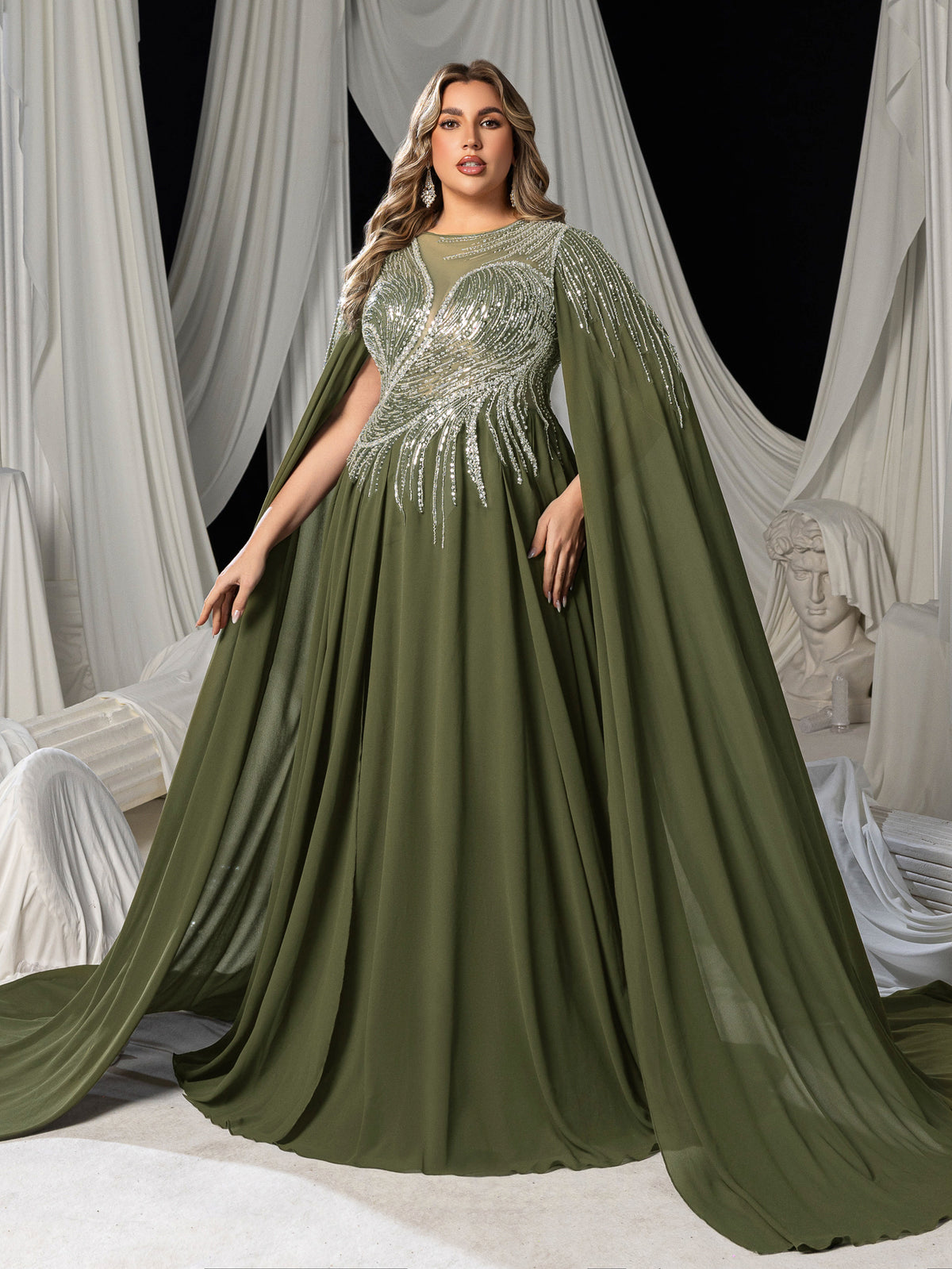 Plus Elegant Cape Sleeve Evening Gown with Beaded Floral Embroidered Bodice & Flowing Train