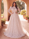 Plus Gorgeous Mock Neck Long Sleeves Ball Hem Lace Wedding Dress