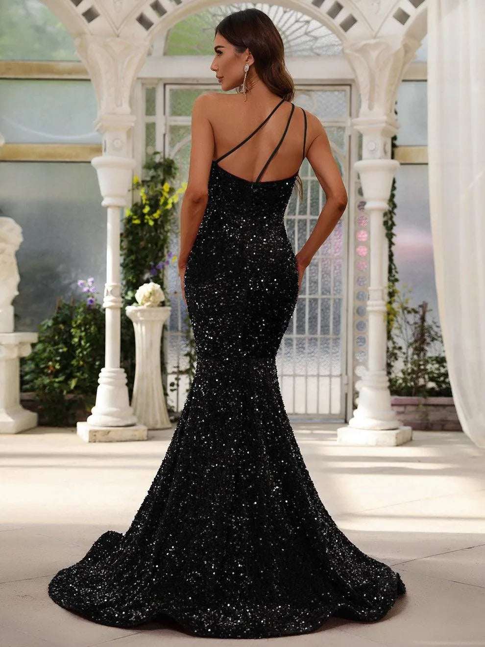 Elegant One Shoulder Sleeveless Sequin Mermaid Dresses - Elonnashop