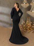 Plus Sequin Floral Embellished Gown | High Neck Long Sleeve Maxi Dress with V-Back & High Side Slit | Formal Evening Dress for Parties, Galas, Proms