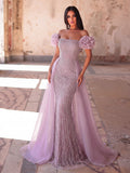 Off-Shoulder Beaded Mermaid Gown with Puff Sleeves, Corset Back & Tulle Train | Luxury Glitter Evening Dress for Prom & Formal Events