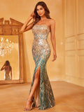 Tied Backless Split Thight Sequin Party Dress - Elonnashop