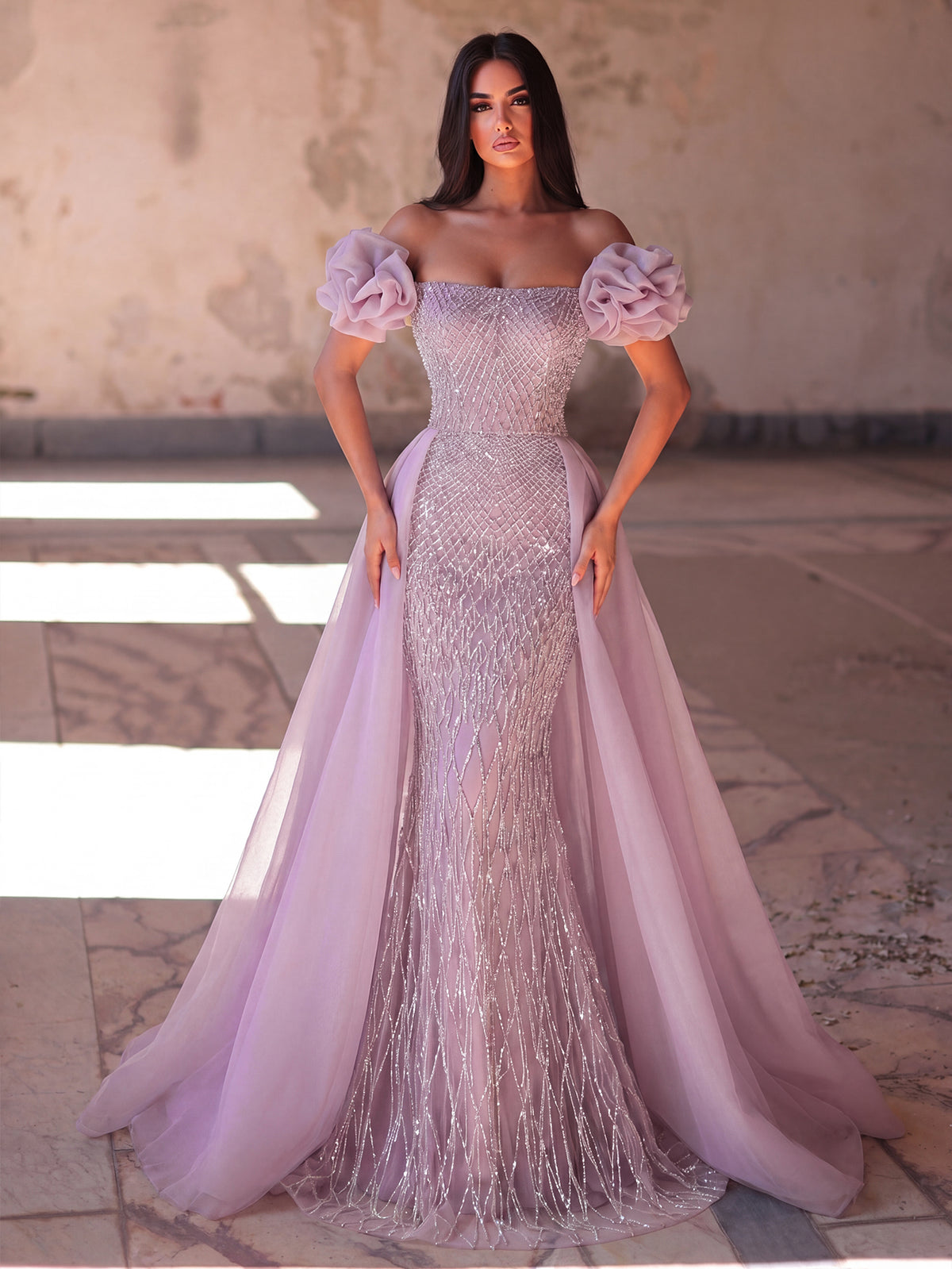 Off-Shoulder Beaded Mermaid Gown with Puff Sleeves, Corset Back & Tulle Train | Luxury Glitter Evening Dress for Prom & Formal Events