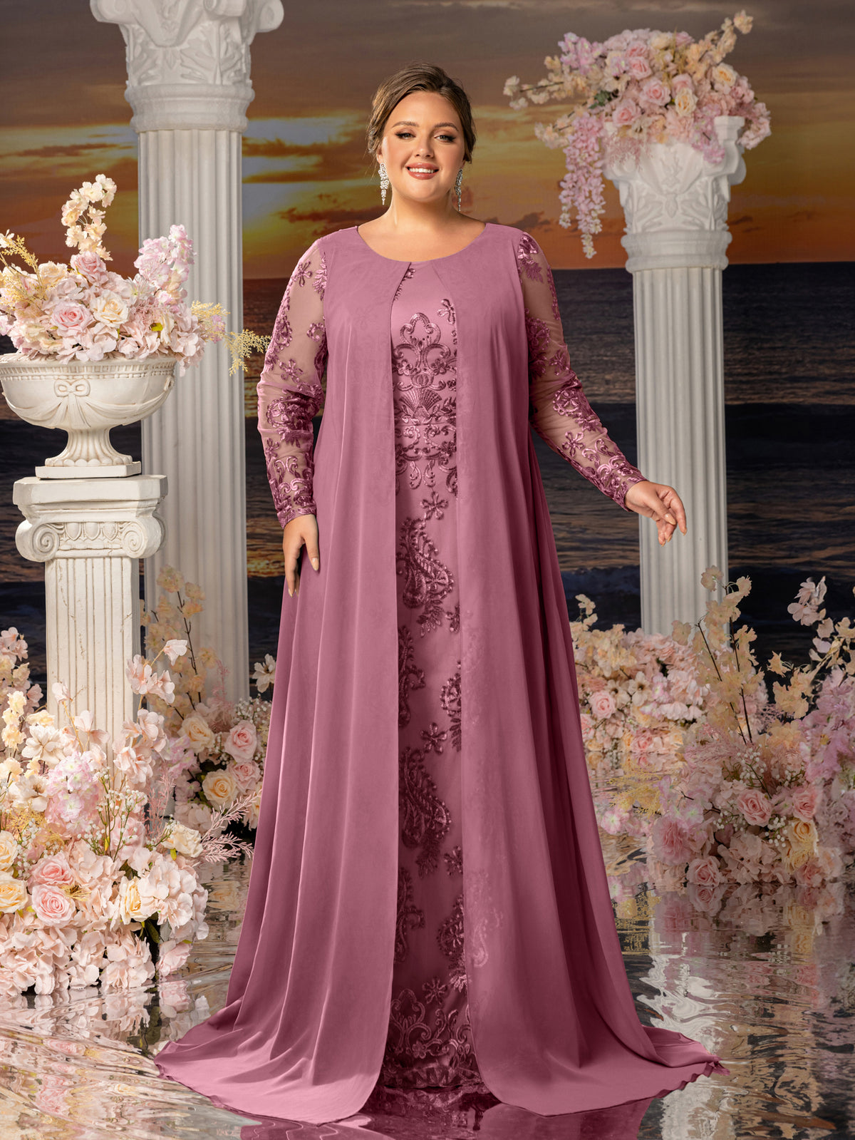 Plus Womens' Elegant Lace Mermaid Gown - Sheer Sleeves & Intricate Lace Patterns with Chiffon Overlay for Beach Weddings, Romantic Coastal Events