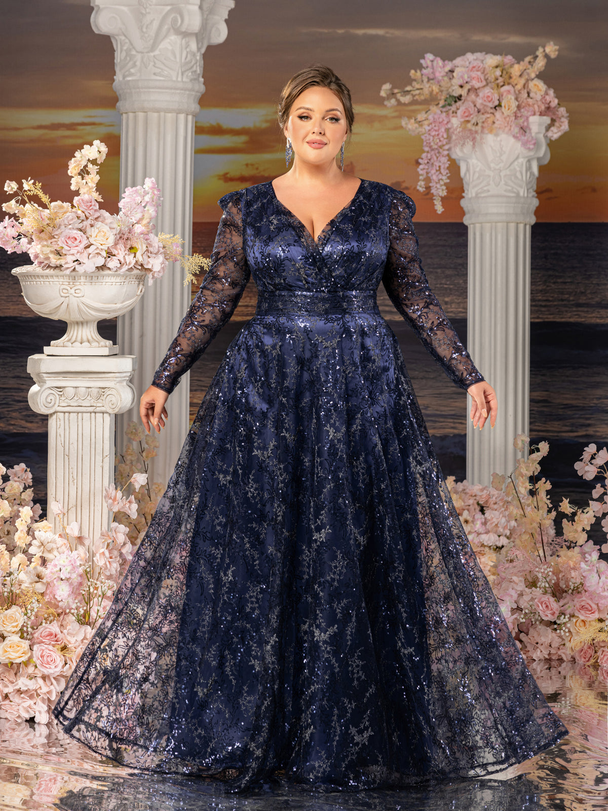 Plus Womens' Elegant Lace & Sequin Evening Gown - V-Neck Long Sleeve Design with Cinched Waist & Flowing A-Line Skirt for Coastal Weddings, Luxury Evening Events