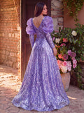 Luxury Plunging Neck Gigot Sleeves Graphic Sequin Prom Dress