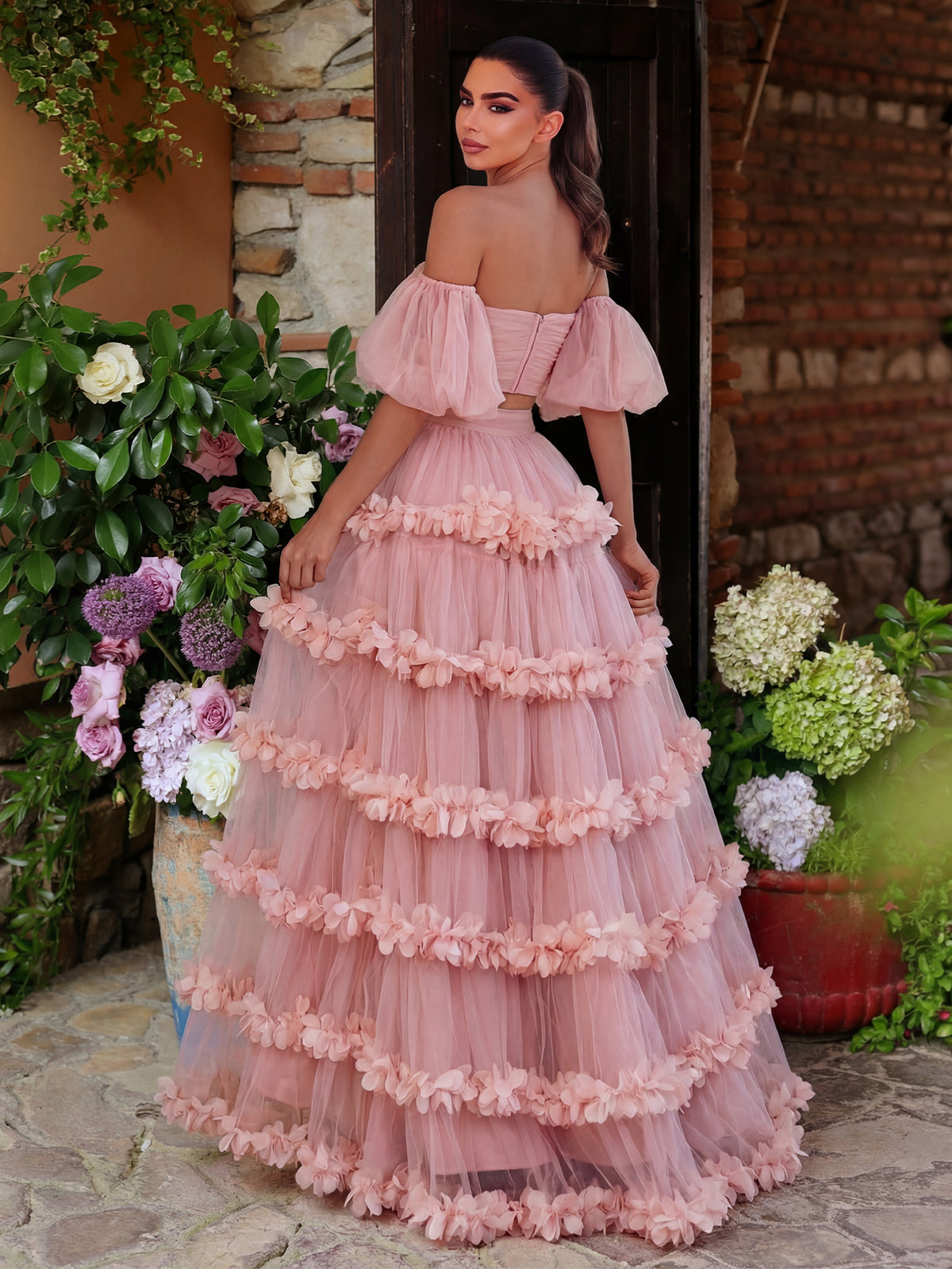 Off Shoulder Puff Sleeve Crop Top & Frill Trim Mesh Skirt