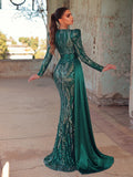 Elegant Sequin Embroidered V-Neck Mermaid Gown | Long Sleeve with Wide Belt & Sweep Train