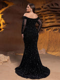 Plus Gorgeous Off Shoulder Mermaid Hem Sequin Evening Dress